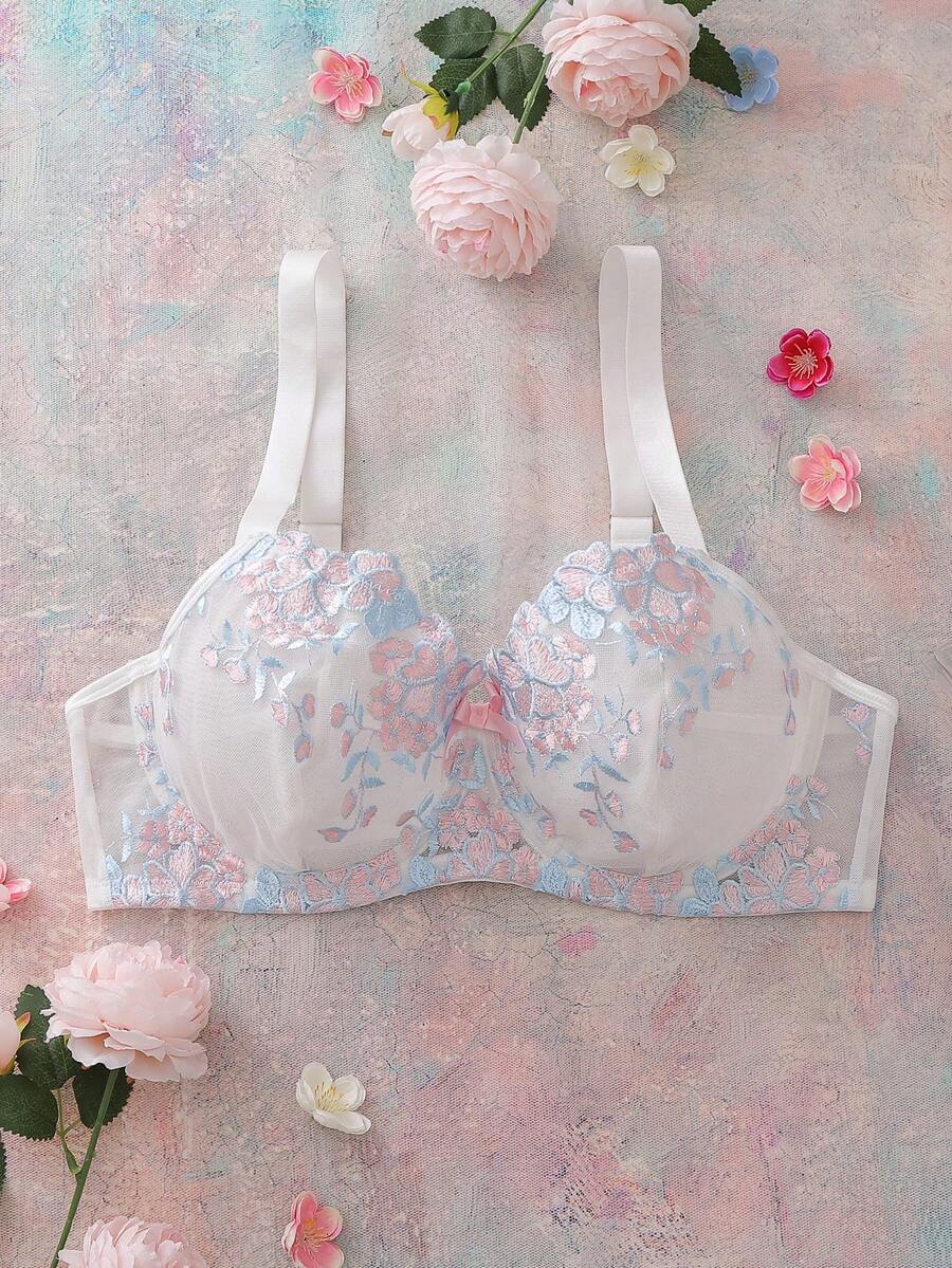 FloralLove 花卉刺绣交叉肩带3/4罩杯钢圈聚拢可爱浪漫夜店度假文胸及无钢圈文胸，大码 - 白色 - 查看 1