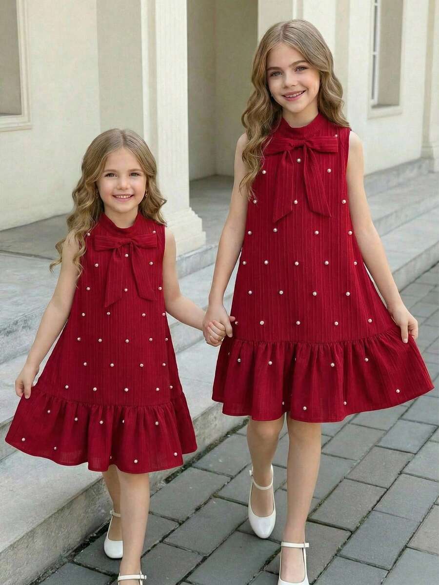 SHEIN Serisse Kids Girls Textured Fabric Beaded Bow Decor Mandarin Collar Sleeveless A-Line Dress, Tween Girl - Burgundy - View 1