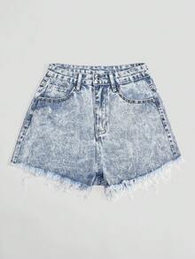 SHEIN EZwear 时尚串珠毛边女式牛仔短裤 - 淺色水洗藍 - 查看 3