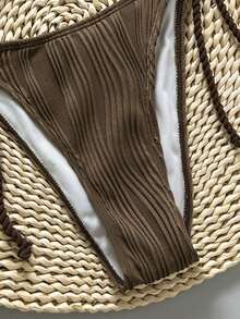 Swim Vcay Women's Swimwear Set, Wave Print Halter Neck Tie-Up Rope, Summer Holiday Beach 2 Pieces - Brown - View 4