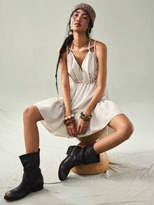 SoleilVie Beige Textured V-Neck Elastic Waist Ruffle Hem Vacation Style Sweet Short Dress - Apricot - View 6