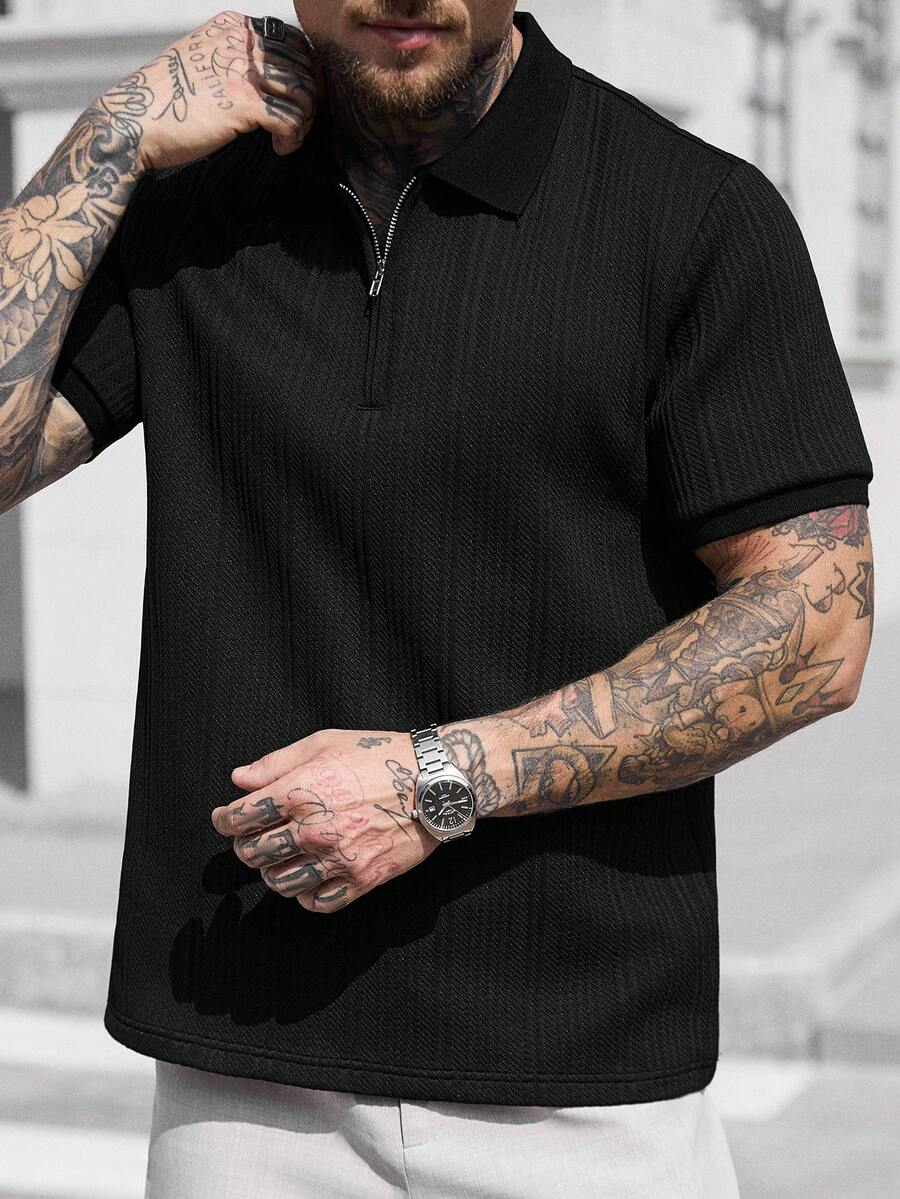 Manfinity CasualCool 男士短袖纹理面料 Polo 衫，适合外出、聚会和办公穿着 - 黑色 - 查看 1