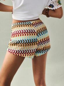 Breezaya Women's Casual Patchwork Crochet Shorts,Blue And Yellow Boho Pattern,Summer Holiday Beach Bathing Suit Swim Shorts,Tummy Control Board Shorts Outfits - Multicolor - View 2