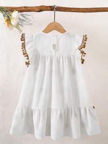 SHEIN Playful Pals Girls' Textured A-Line Dress With Embroidered Floral Pattern, Casual & Cute Dress Suitable For Daily Outings, Gatherings And Events, Spring/Summer - White - View 2