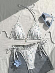 Swim Mod Conjunto de biquíni de duas peças para adolescentes, com top frente única com babados e amarração lateral. - Multicolorido - Ver 6