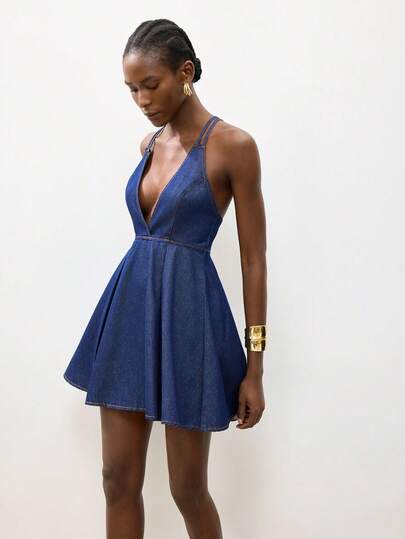 Maija 女士休闲深V领露背牛仔连衣裙，夏季