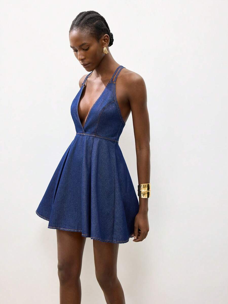 Maija Đầm denim nữ kiểu dáng thường ngày, cổ chữ V khoét sâu, hở lưng, thích hợp cho mùa hè. - Rửa trung bình - Xem 1