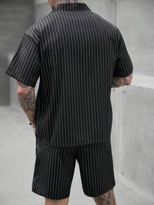 SLATEMANN Men's Black Striped Casual Vacation Shirt And Shorts Set, Spring/Summer - Black - View 2