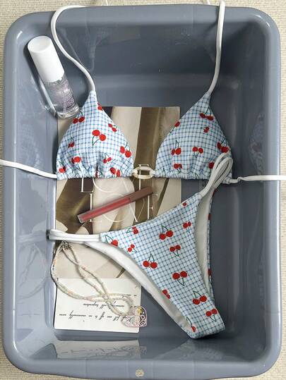 Swim Mod Women's Blue Plaid With Cherry Print 2-Piece Swimwear, Cute And Sweet For Summer