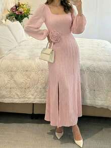 Modelyn Women's Woven Pink Long Sleeve Tie-Waist A-Line Elegant Romantic Dress - Pink - View 7