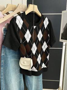 Franclia Nuevo Llegado Suéter de Punto con Bloques de Color Retro Estilo Universitario a Cuadros para Mujer, Primavera/Verano - Negro - Ver 6