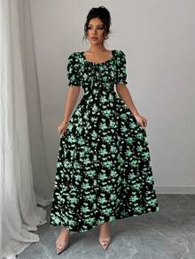 Rafferiza Women's Multicolor Elegant Long Dress With Sweetheart Neckline Puff Sleeves And Floral Random Print - Multicolor - View 6