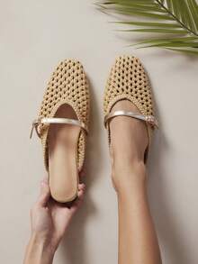 SHUZIA Zuecos de mujer elegantes de PU tejido a ganchillo - Beis - Ver 3