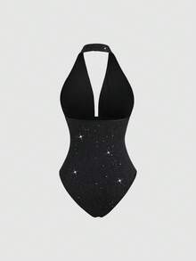 Sweetra Women's Fashionable Bodysuit, Sexy Rhinestone Shiny Deep V Backless Slim Fit Black Bodysuit, Spring/Summer - Black - View 2