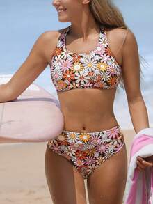 SHEIN Swim SPRTY Women's Tropical Print Criss-Cross Back 2 Pieces Swimwear Set, Suitable For Swimming, Surfing, Beach, Summer - Multicolor - View 2
