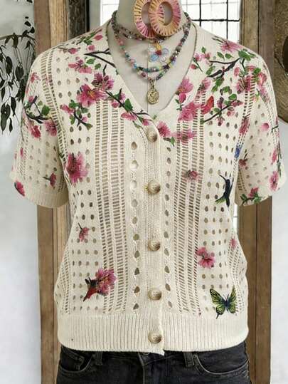 Voyazaga 2026 Nuevo Lanzamiento Primavera/Verano para Mujer: Fresco, Artístico, Casual, Versátil Cárdigan de Punto Floral de Cuello en V y Manga Corta Blanco Perfecto para Atuendos de Primavera y Verano