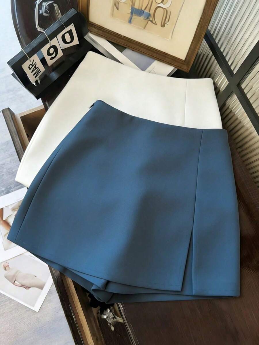 Franclia Fashionable Casual Commuter Versatile Textured Soft Fabric High Waist Slit Gray Women Shorts/Skirt/Culottes/Hot Pants, Spring/Autumn Blue Blue Skirt Vintage Mini Skort Blue Skort Women Skorts Skirt Short Ladies' Culottes Women's Culottes Double-Layered Hem A-Line Skirt - Blue - View 1