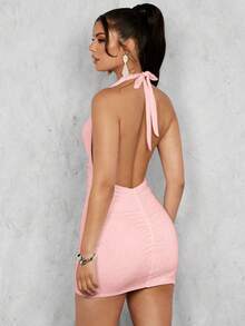 Glamine Summer Solid Color Deep V-Neck Pleated Backless Sexy Mini Dress With Halter Neck - Baby Pink - View 2