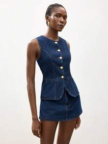 Maija 女士休闲牛仔背心和短裙套装，夏季 - 深色水洗藍 - 查看 4