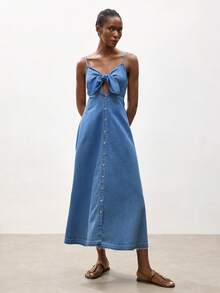 Maija Women's Summer Casual Lace-Up Hollow Out Strap Denim Dress - Light Wash - View 6