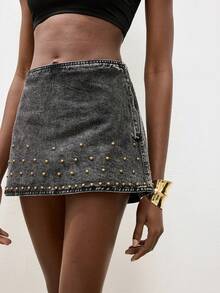 Maija Women's Black Denim Midi Skirt With Metal Stud Embellishments, Y2K Style Rock-Inspired Women's Clothing,Sexy Mini Studded Skirt - Black - View 5