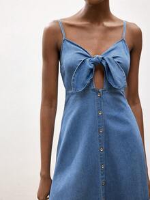 Maija Women's Summer Casual Lace-Up Hollow Out Strap Denim Dress - Light Wash - View 2