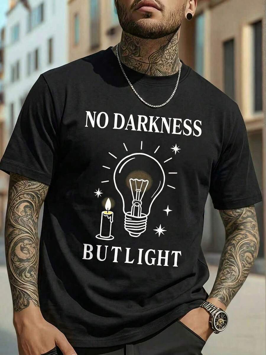 Manfinity Homme 男士灯泡字母印花短袖家居服上衣 - 黑色 - 查看 1