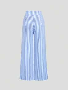 Sweetra Women's New Sexy Baddie Style Blue & White Striped 2-Piece Set, Tie-Up Vest Top And Pleated Wide Leg Pants - Blue and White - View 6