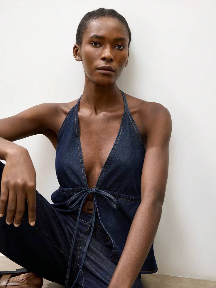 SHEIN Maija Women's Sexy Backless Halter Neck Denim Blouse For Summer