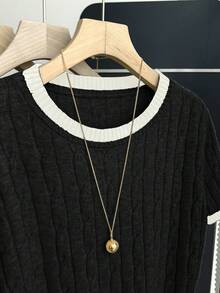 Franclia New Casual Loose Korean Style Round Neck Cable Knit Contrast Color Pullover Sweater For Women, Spring/Autumn - Black - View 4