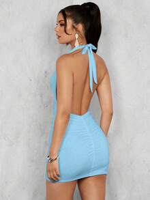 Glamine Summer Solid Color Deep V-Neck Pleated Backless Sexy Mini Dress With Halter Neck - Blue - View 2