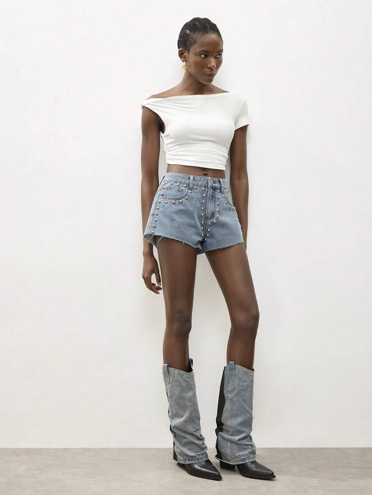 SHEIN Maija Women's Casual Light Blue Denim Shorts, Studded Shorts