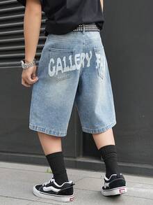 Manfinity EMRG 男士街头时尚休闲印花斑马纹蓝色牛仔短裤 - 中等水洗藍 - 查看 3