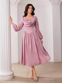 Modelyn 女士春夏粉色编织垂褶领荷叶边腰身A字优雅浪漫连衣裙 - 粉色 - 查看 6