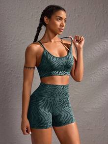 Powerista 女士简约时尚运动文胸短裤套装，休闲日常穿着 - 墨綠色 - 查看 9