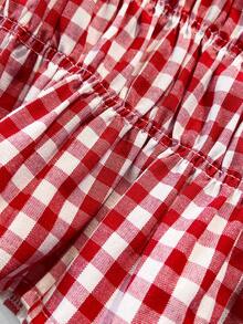 Sweetra Französischer Retro-Stil Damen Bluse für Frühling/Sommer, rot-weiß kariert, ärmellos, quadratischer Kragen, tailliert, Schleife, Rüschensaum, süß und kurz geschnitten - Rot-Weiß - Übersicht 6