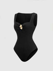 Sweetra 春夏女式时尚无袖连体衣，方领修身休闲通勤纹理面料，正面金属纽扣装饰，优雅连体裤 - 黑色 - 查看 3