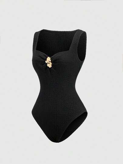 Sweetra Spring/Summer Women's Fashion Sleeveless Bodysuit, Square Neck Slimming Casual Commuter Textured Fabric Front Metal Button Decor Elegant Romper