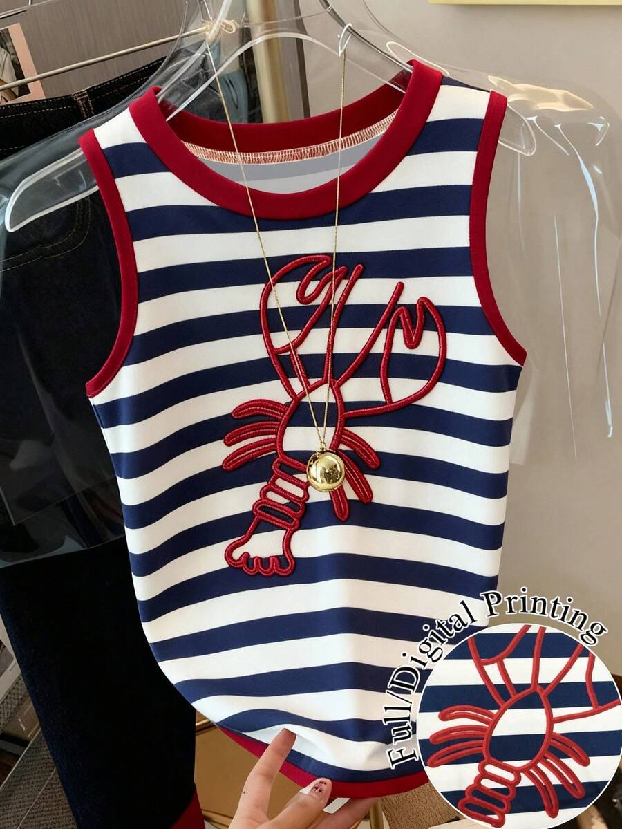 Resyla 女士夏季休闲度假通勤龙虾刺绣撞色条纹圆领背心 - 彩色 - 查看 1