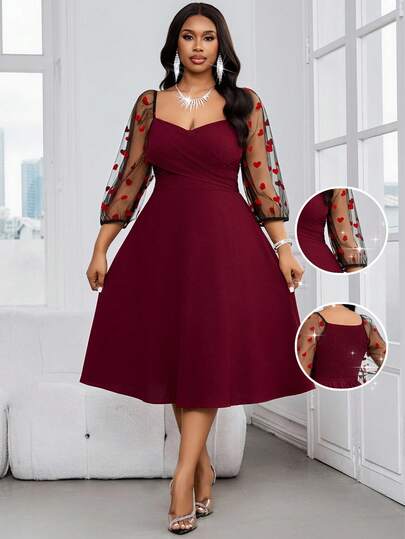 SHEIN Lady 大码女式甜心领拼接爱心网纱灯笼袖交叉优雅连衣裙