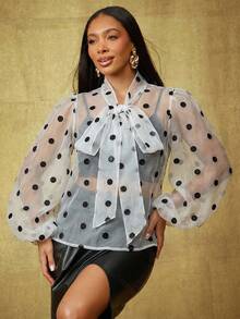 Vixey 动物纹薄纱蓬蓬袖蝴蝶结上衣 - 白色 - 查看 2