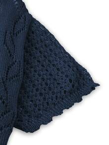 EMERY ROSE Plus Size Women Solid Color Knitted Round Neck Hollow Out Single-Breasted Short Sleeve Cropped Casual Lightweight Cardigan, Spring/Summer - Royal Blue - View 5