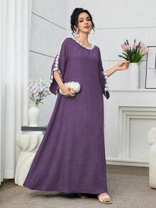 Al Najma Vestido feminino elegante e discreto com estampa floral 3D, estilo árabe, modelagem solta, ideal para primavera/outono. - Roxa - Ver 6