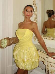 SHEIN Đầm mini phồng không tay trễ vai màu vàng, trang phục mùa xuân, đầm dự tiệc lễ hội, thời trang đường phố, đầm đi club cho nữ, đầm hẹn hò, đầm sinh nhật cho nữ, thanh lịch sang trọng, trang phục không thể thiếu cho bữa tiệc, đầm Giáng sinh, đầm Valentine, đầm năm mới, đầm lấp lánh - Màu vàng - Xem 3