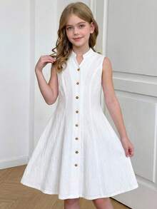 Emery Rose Kids Emery Rose Kids 少女纯色立领连衣裙 - 白色 - 查看 4