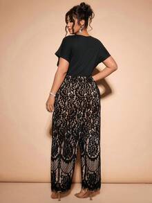 Cravure Bộ jumpsuit cỡ lớn phong cách Pháp thanh lịch thường ngày, phối màu, viền ren, thích hợp cho mùa xuân/thu. - màu đen - Xem 2