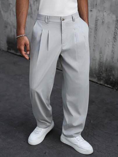 SLATEMANN Men's Casual Everyday Workwear Minimalist Solid Color Slant Pocket Pleated Long Pants Men Pants Dress Men's High Waisted Pants Men Oversized Pants Men's Pleated Suit Pants Grey Pants Old Money Daily Leisure, Weekend Trips, Travel Expeditions, Relaxed Work Environments , Boyfriend/Husband Gift, Anniversary /Birthday Gift Party Summer Vacation Holiday Old Money,Wedding