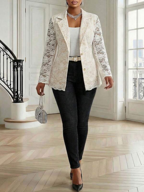 Fleurora Spring And Summer Elegant Commuting Office Work Wedding Colorful White Khaki Knitted Lace Lapel Long Sleeve Plus Size Blazers Summer Outfits Spring Clothing Spring Outfit Women Spring Jacket Going Out Outfits Contrast Lace