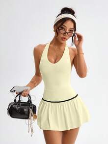 Dewbera Women's Backless Halter Mini Sporty Dress - Pale Yellow - View 8