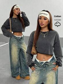 StreetHx Women Solid Color Round Neck Loose Boxy Cropped Washed Sweatshirt,Long Sleeve Tops,Graduation,Teacher,Back To School Pullover Fall - Grey - View 1